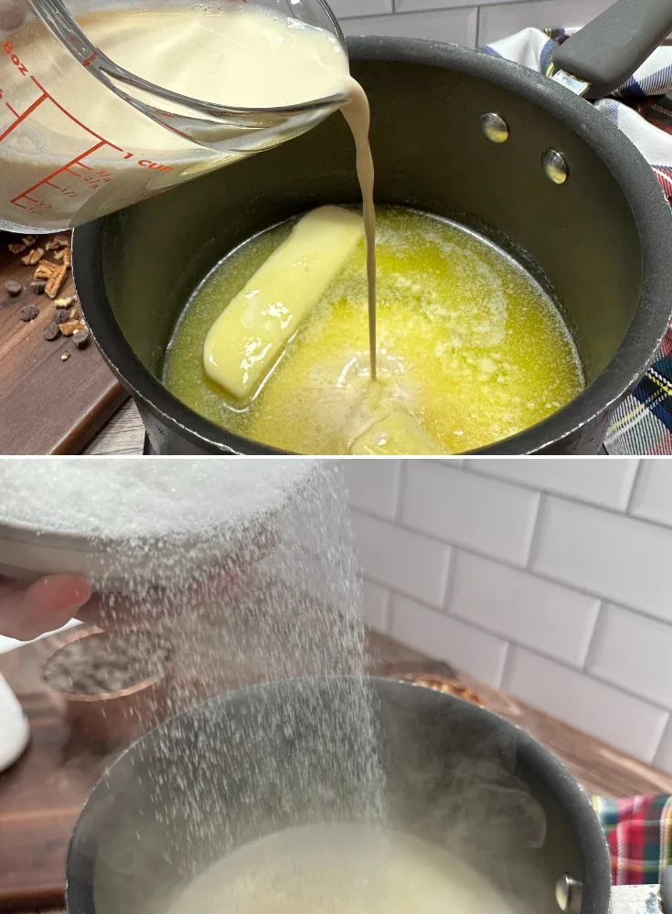 Top image containing a cup pouring evaporated milk into a sauce pan with liquid butter. Bottom image containing sugar being poured into a sauce pan with stirred mixture of butter and evaporated milk.