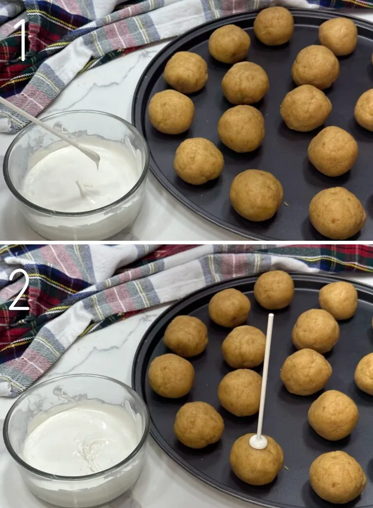 First image shows cake balls on a pan on the right and melted candy melt on the left. The end of a lollipop stick is being dipped into the candy melt. The second image contains the end of lollipop stick with the candy melt being inside of the cake balls.