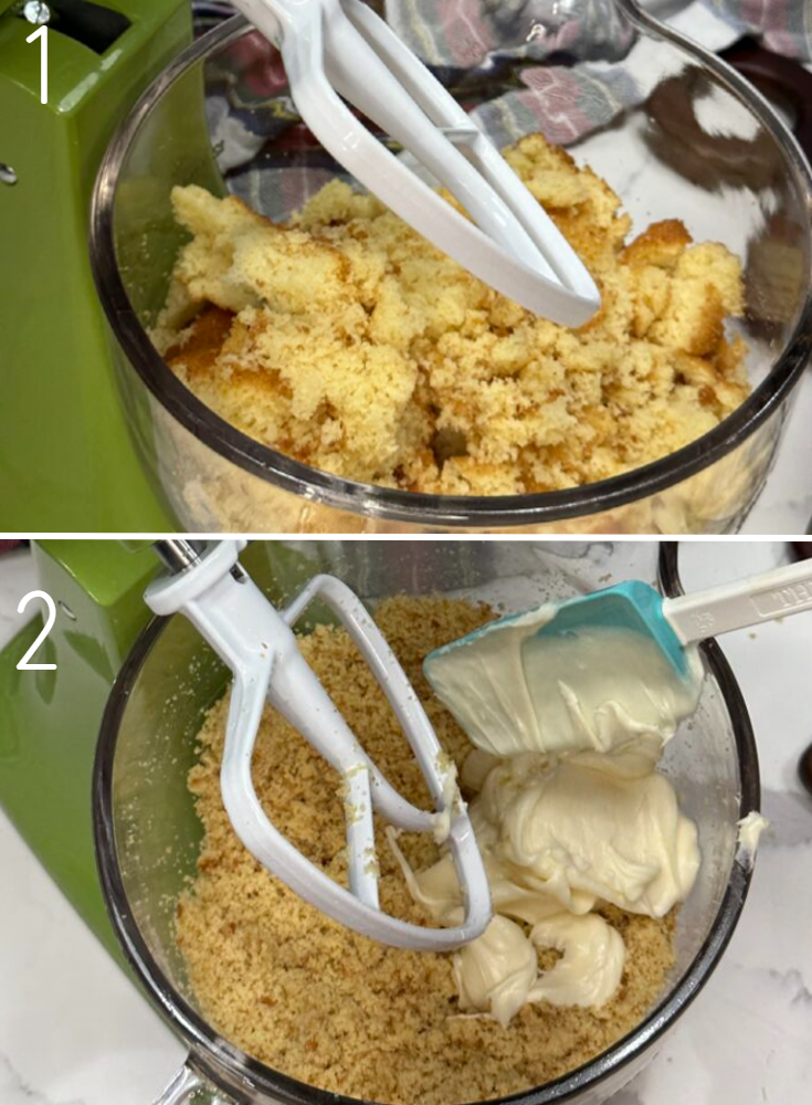 First image shows cooked cake in a bowl that is ready to be crushed and turned into a fine powder. Second image shows cake as a fine powder, there is also a scoop of frosting being put into the bowl with the cake, both cake and frosting are ready to be stirred again. 