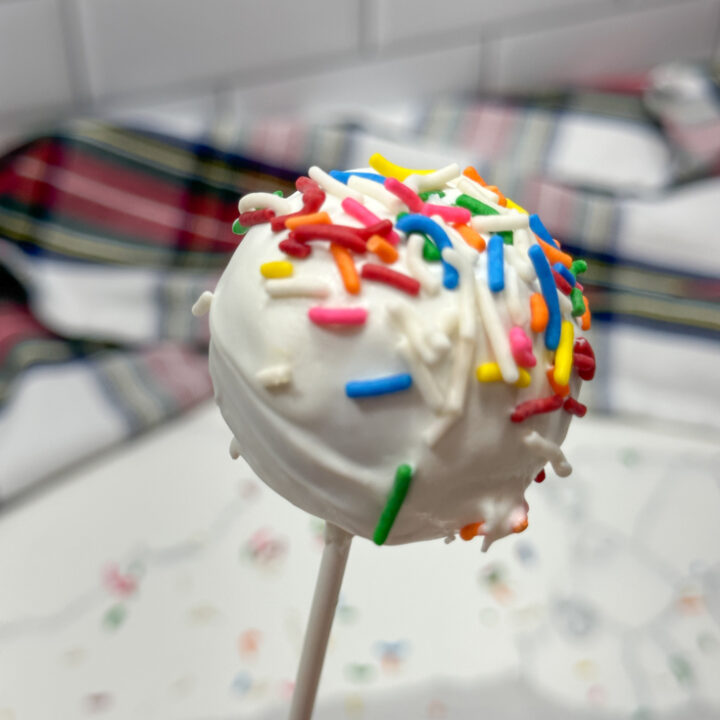 A cake pop that has vanilla frosting and rainbow sprinkles.