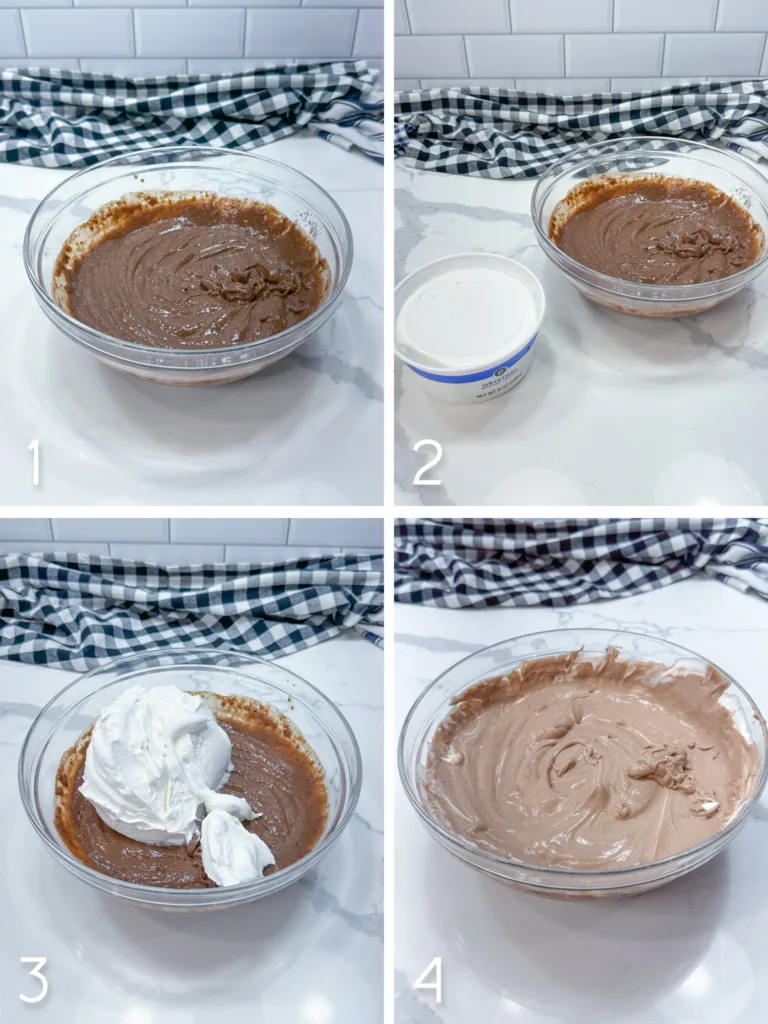 Pudding in a glass bowl with cool whip being poured into the pudding, then stirred thoroughly