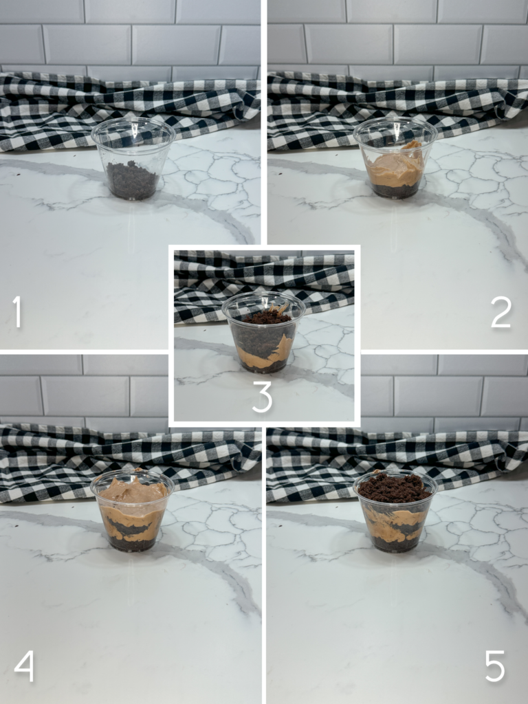 Empty plastic cup with only 1 layer of crushed cake mix, in the second image there is pudding and whipped cream mix on top of the crushed cake mix, the 3rd image has cake mix on top, the 4th image has pudding and whipped cream mix on top, then finally there is crushed cake mix on top