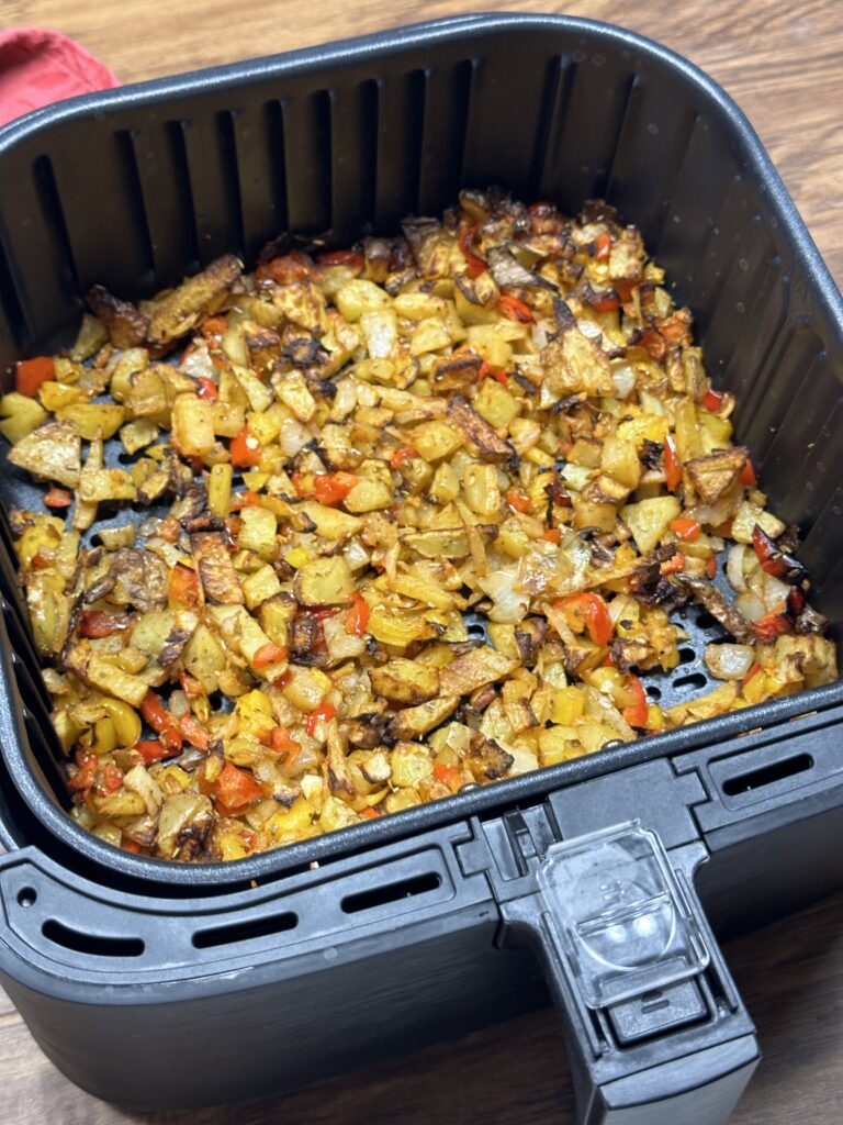 cooked ingredients on air fryer tray