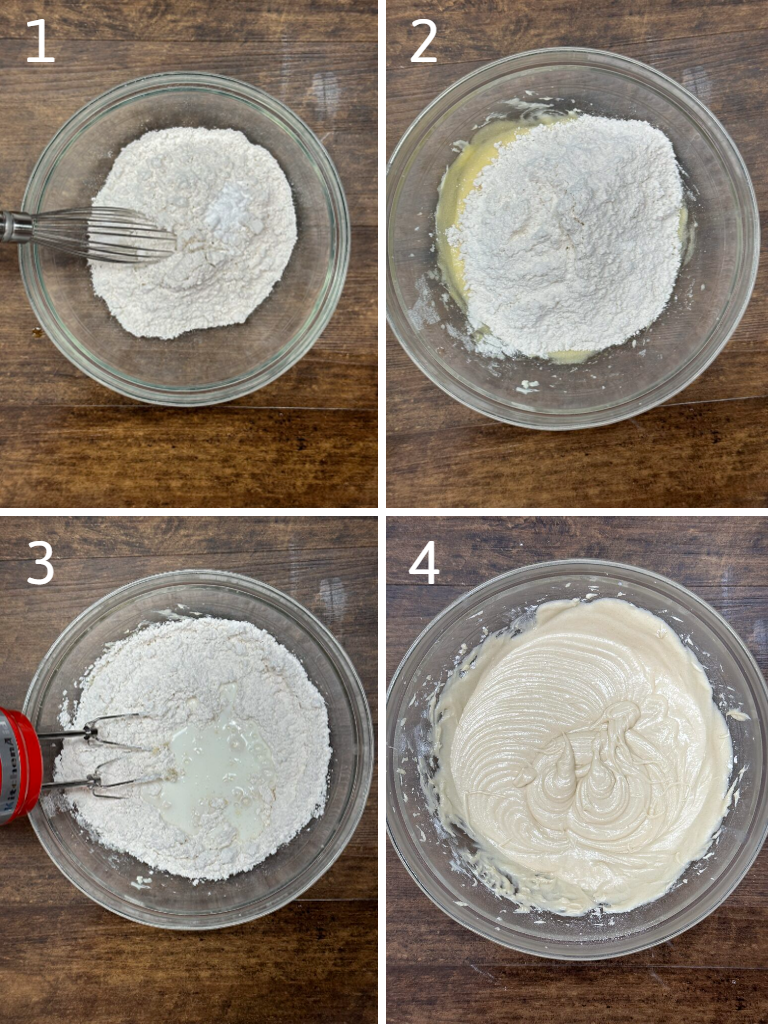 Dry ingredients being mixed in a separate bowl, then poured into the original bowl along with buttermilk. Then it is mixed